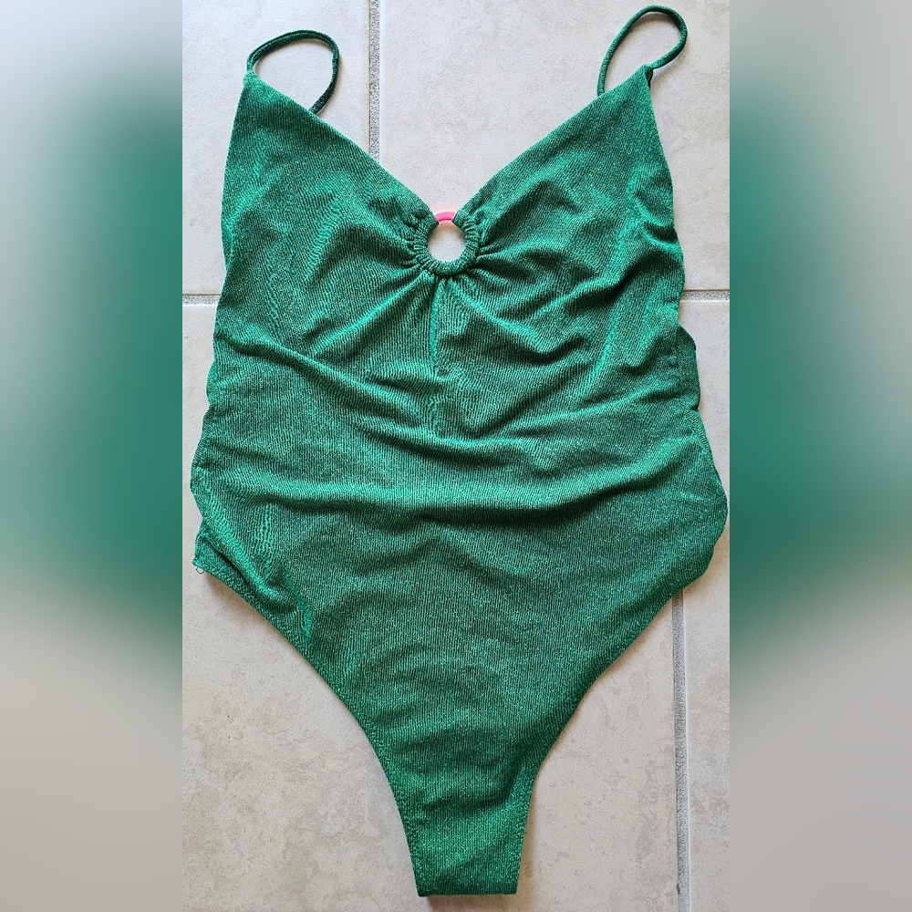 MC2 Saint Barth V-Neck Open Back Sparkling Green One Piece Swimsuit w/ Pink Ring
